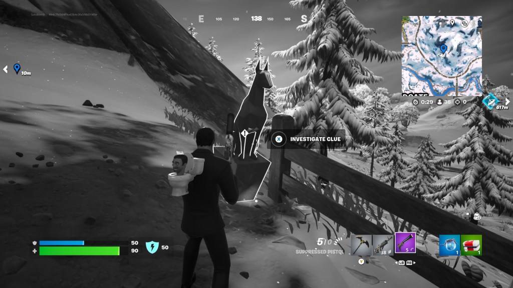 Isang estatwa ng aso na matatagpuan sa isang burol sa Fortnite.