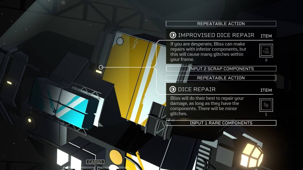 Citizen Sleeper 2のサイコロ修理スクリーンを示す画像は、それらを修復する方法のガイドとして。