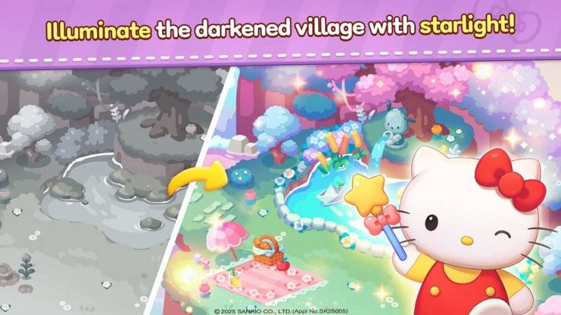 Hello Kitty挥舞着魔术棒在颜色恢复的景观上的图片
