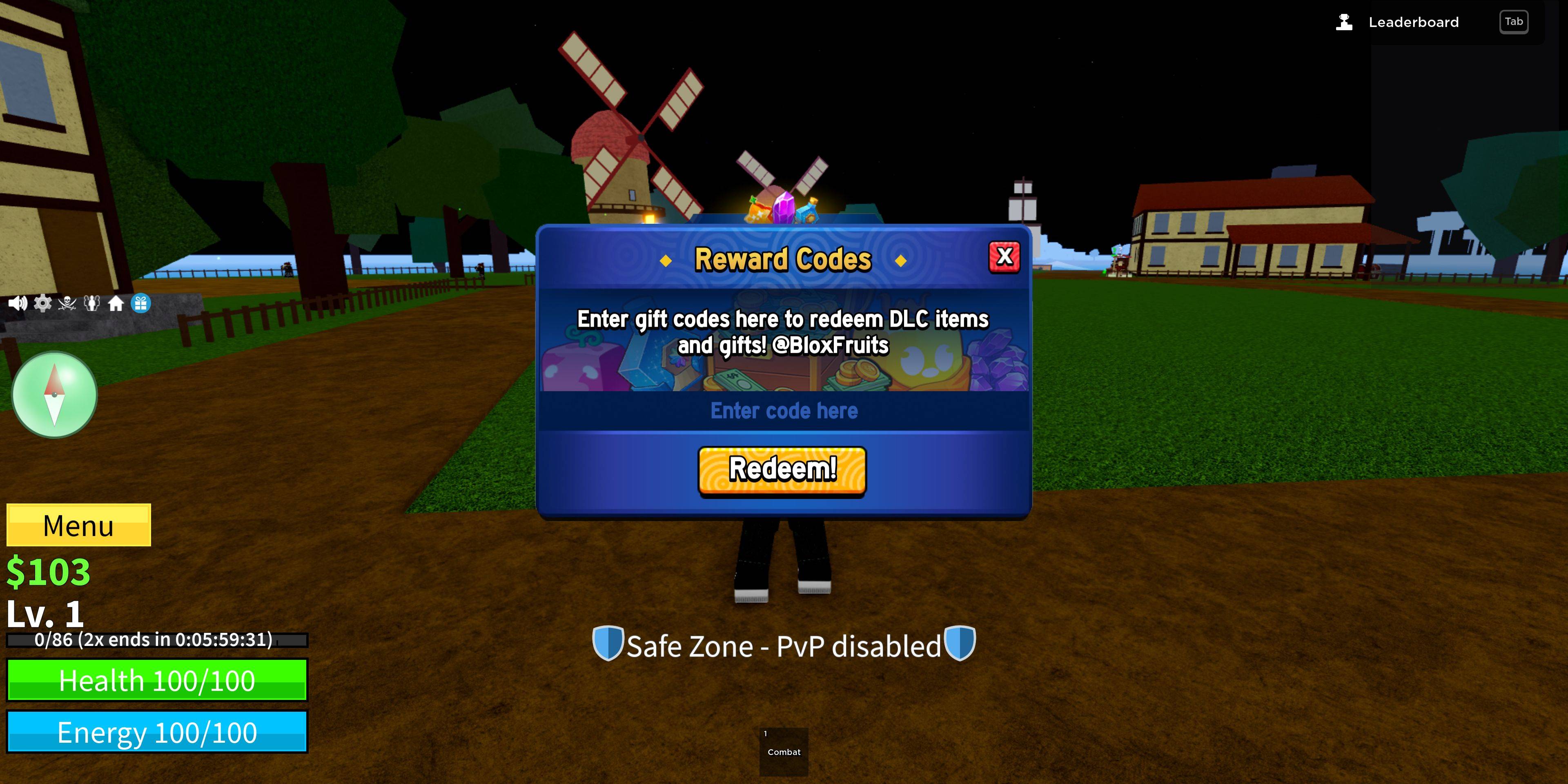 Blox Fruits Code Redemption Interface