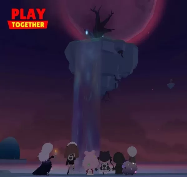A shadowy floating island looms over a group of players under an ominous purple sky