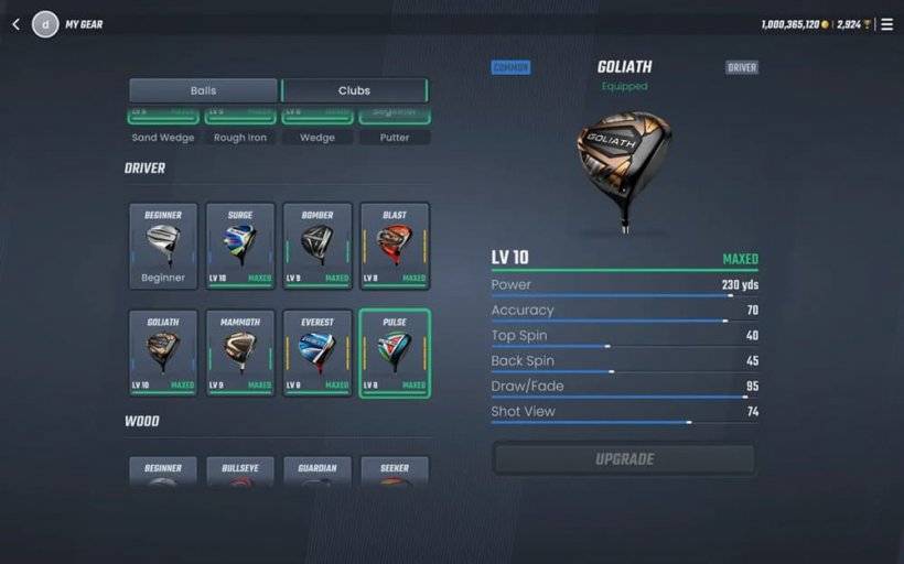 A screenshot of a menu in PGA Tour Pro Golf showcasing upgradeable clubs and gear.