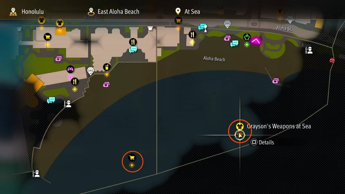 Le posizioni della mappa dei gamberi fritti catturati in Like A Dragon: Pirate Yakuza alle Hawaii
