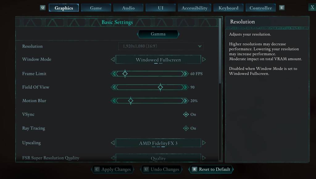 Ang menu ng mga setting ng setting na nagpapakita ng mga pagsasaayos para sa sakit sa paggalaw